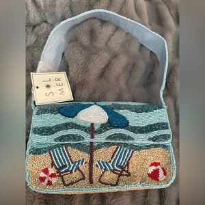 NWT Beaded Beach Bag Waves Beach Chairs Balle Sand Umbrella ALL BEADED $68